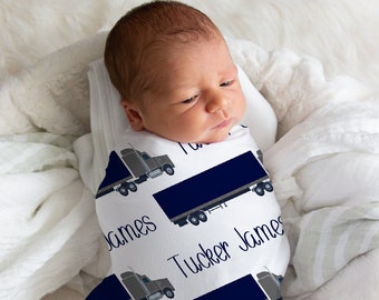 Semi Truck Swaddle Blanket, Personalized Swaddle Blanket, Customized Swaddle Blanket, Truck Driver Baby Gift, Trucker Baby Shower Gift