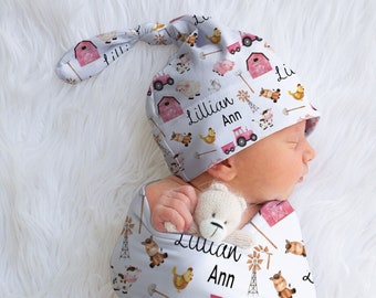 Personalized Farm Baby Swaddle Blanket, Girl Nursery Decor