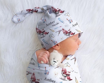 Personalized Dentist Baby Swaddle, Matching Beanie, Dental Gift