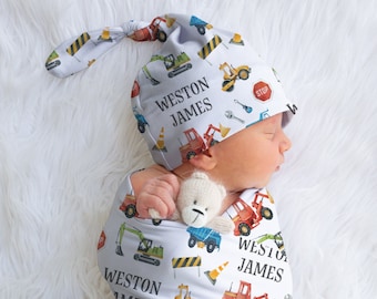 Personalized Construction Swaddle Blanket, Baby Boy Gift