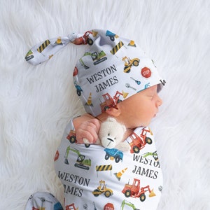 Construction Swaddle Blanket, Construction Theme Baby Shower, Personalized Swaddle Blanket Boy, Newborn Baby Gift, Construction Nursery