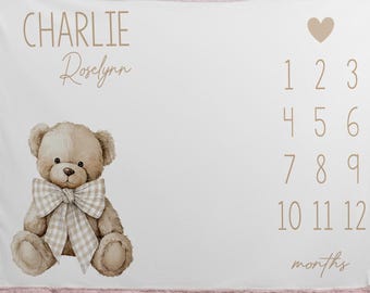 Personalized Teddy Bear Milestone Blanket – Custom Name Monthly Baby Photo Blanket