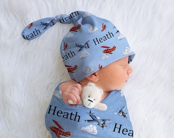 Personalized Airplane Baby Swaddle Blanket and Hat Set