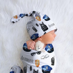 Police Officer Swaddle Blanket For Baby, Newborn Swaddle, Personalized Cop Swaddle, Custom Infant Swaddle, Photo Prop For Hospital