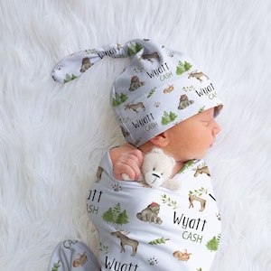 Woodland Swaddle, Custom Swaddle, Personalized Forest Animal Swaddle, Newborn Baby Swaddle Blanket, Moose Baby Shower Gift,  Deer Nursery
