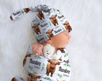 Highland Cow Baby Swaddle Blanket, Personalized Nursery Gift