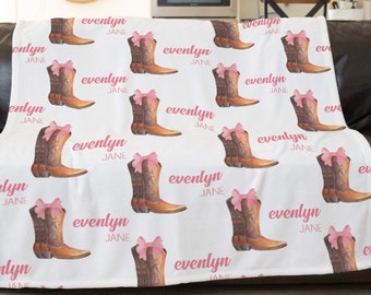 Cowgirl Boot Coquette Blanket, Personalized Bow Blanket, Western Decor, Women Birthday Gift, Cowboy Room Decor, Daughter Blanket, Toddler