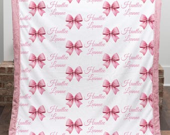 Personalized Baby Girl Blanket – Custom Name Bow Minky Blanket
