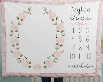 Personalized Floral Baby Milestone Blanket – Monthly Photo Blanket – Baby Girl 1 to 12 Month Milestone Blanket – Nursery Keepsake Gift