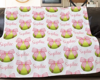 Coquette Softball Blanket, Softball Coach Gift, Personalized Pink Bow Softball Blanket, Birthday Gift For Teenager, High School Senior Gift