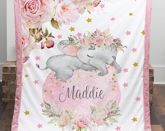 Personalized Baby Elephant Blanket Custom Name Floral Pink Nursery Gift