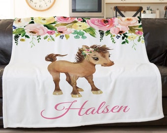 Horse Blanket, Custom Horse Blanket, Personalized Baby Blanket Girl Floral Baby Girl, My First Christmas Gift, Cute Throw Blanket, Gift