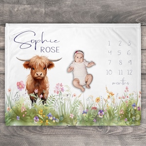 Shetland Cow Milestone Blanket, Personalized Monthly Blanket, Highland Cow Nursery Decor, Wildflower Baby Shower Gift, Custom Keepsake Gift
