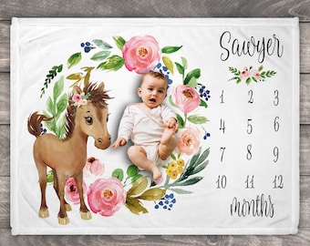 Personalized Horse Milestone Blanket Girl, Floral Baby Girl Nursery