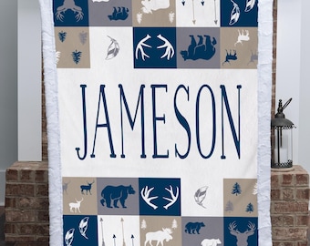 Personalized Woodland Name Blanket, Baby Boy Minky Blanket, Custom Adult Blanket