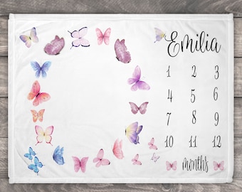 Personalized Butterfly Milestone Blanket, Monthly Photo Prop