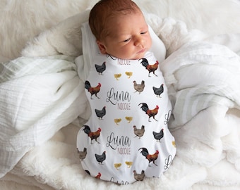 Chicken Swaddle, Farm Swaddle, Personalized Chicken Baby Swaddle, Custom Swaddle Blanket, Chicken Baby Shower Gift, Chicken Nursery, Newborn
