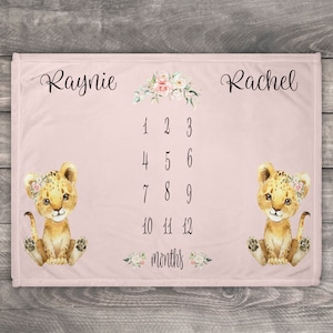 Twin Milestone Blanket, Photo Blanket Customized, Personalized Baby Blanket Girl, Floral Milestone Blanket, Twin Baby Shower Gift, Lion