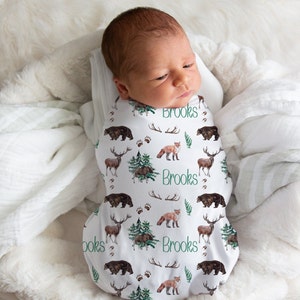 Woodland Swaddle, Infant Blanket, Bear Swaddle Blanket, Baby Boy Swaddle, Jersey Knit Swaddle, Forest Animal Swaddle, Woodland Theme