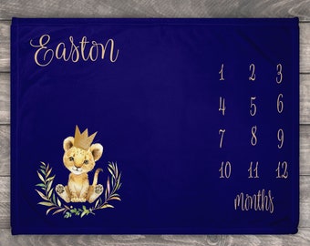 Personalized Baby Boy Blanket, Baby Milestone Blanket, Lion Blanket, Lion Baby Shower Gift, Baby Growth Blanket Boy, Baby Month Blanket