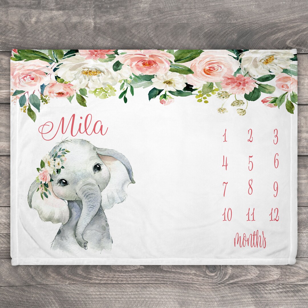 Baby Monthly Milestone Blanket, Pink Elephant Nursery Decor, Baby