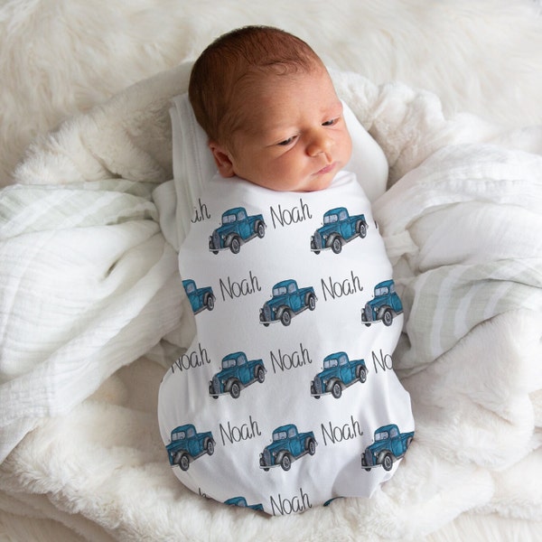 Blue Truck Swaddle, Personalized Newborn Swaddle, Custom Baby Swaddle, Girl And Boy Swaddle, Truck Nursery, Truck Baby Shower Gift