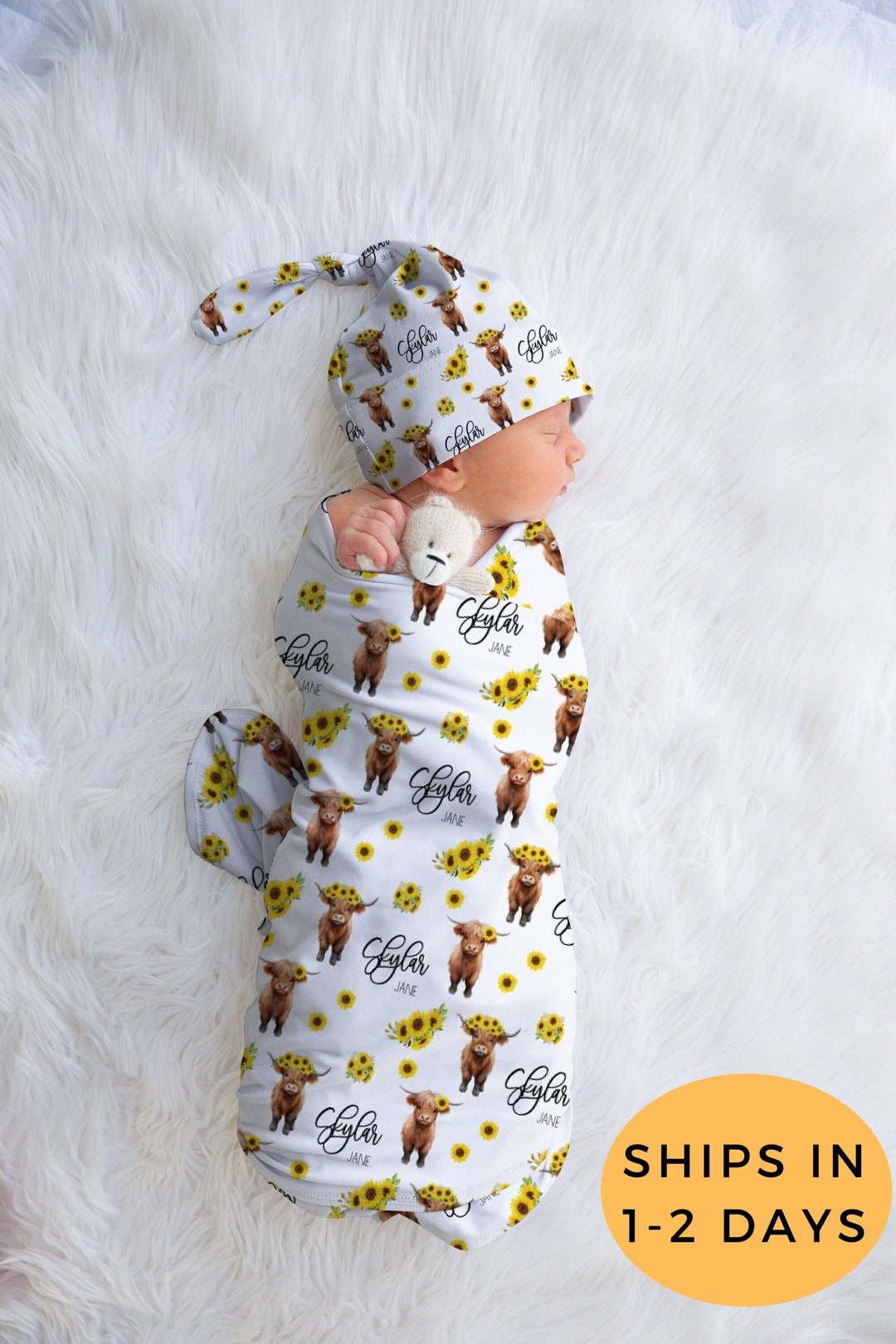 Highland Cow Swaddle Blanket, Personalized Baby Shower Gift, Hospital