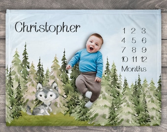 Wolf Milestone Blanket, Wolfe Theme Baby Shower Gift, Wolf Nursery Decor, Personalized Photo Prop, Customized Baby Chart, Month Blanket