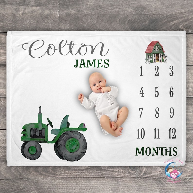 Farm Blanket, Farm Animal Blanket, Newborn Milestone Blanket, Baby Boy Month Blanket,Baby Age Blanket, Personalized Growth Chart, Gift image 1