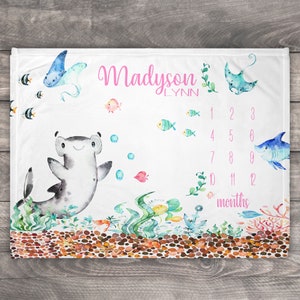 Hammerhead Shark Milestone Blanket, Baby Girl Milestone, Monthly Baby Milestone, Nautical Milestone, Customized Photo Blanket, Nursery