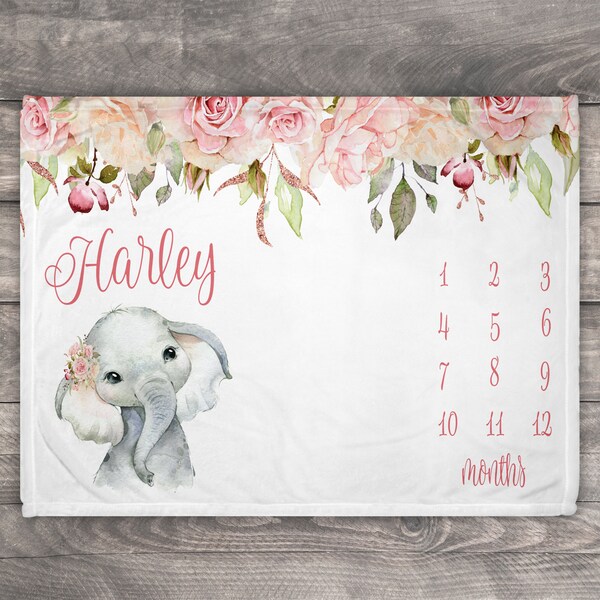 Elephant Blanket, Baby Milestone Blanket, Monthly Blanket, Baby Growth Chart, New Mom Gift,Personalized Baby Girl Blanket,Safari Baby Shower