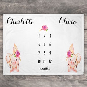Pig Milestone Blanket Twins, Twin Milestone Blanket, Farm Nusery, Floral Milestone Blanket, Personalized Twin Gift, Girls, Pig Baby Shower