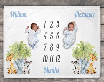 Personalized Twin Milestone Blanket, Safari Jungle Nursery Decor