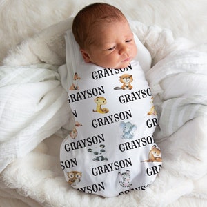 Animal Swaddle Blanket, Girl And Boy Swaddle, Custom Name Blanket, Zoo Animal Blanket, Animal Nursery Decor,  Animal Baby Shower Gift