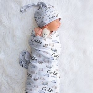 Airplane Swaddle Blanket, Airplane Baby Shower, Newborn Gift, Airplane Theme Nursery, Personalized Swaddle Blanket, Hospital Swaddle Set
