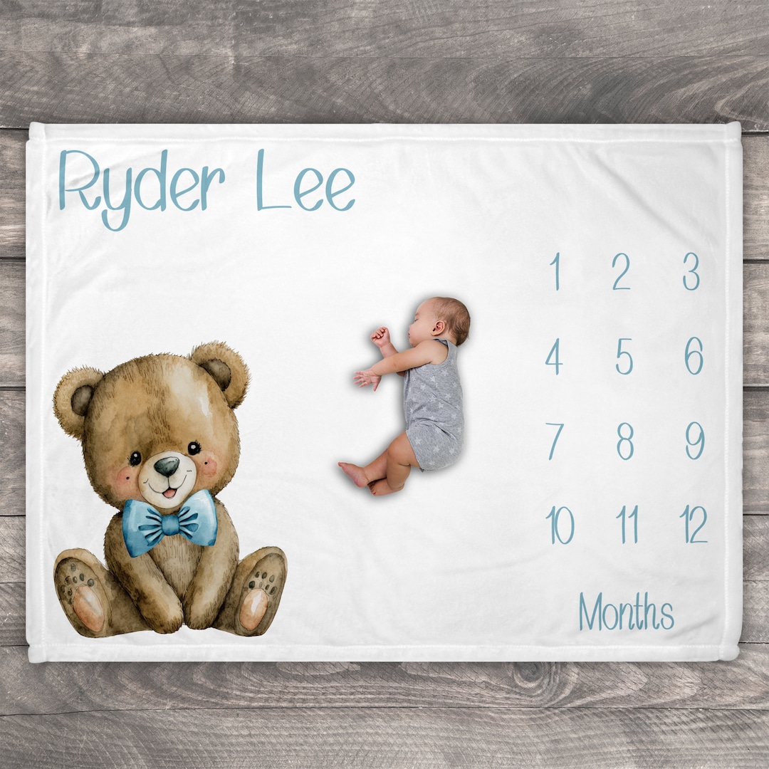 Teddy Bear Milestone Blanket, Baby Shower Bear Theme Boy, Monthly ...