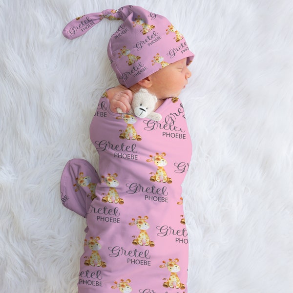 Giraffe Swaddle, Giraffe Baby Swaddle Blanket, Personalized Swaddle Set, Custom Swaddle, Giraffe Theme Baby Shower Gift, Hospital Blanket