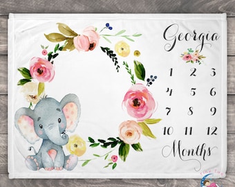 Elephant Blanket - Personalized Baby Blanket - Newborn Milestone Blanket - Monthly Baby Blanket - Minky Baby Blanket - Custom Baby Blanket