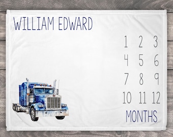 Blue Semi Truck For Little Baby Boy, Personalized Milestone Blanket, Newborn Baby Shower Gift, Custom Growth Chart For Infant, Big Truck