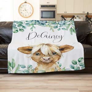 Highland Cow Blanket, Personalized Cow Throw Blanket, Highland Cow Nursery Decor, Highland Cow Theme Baby Shower Gift, Newborn Blanket