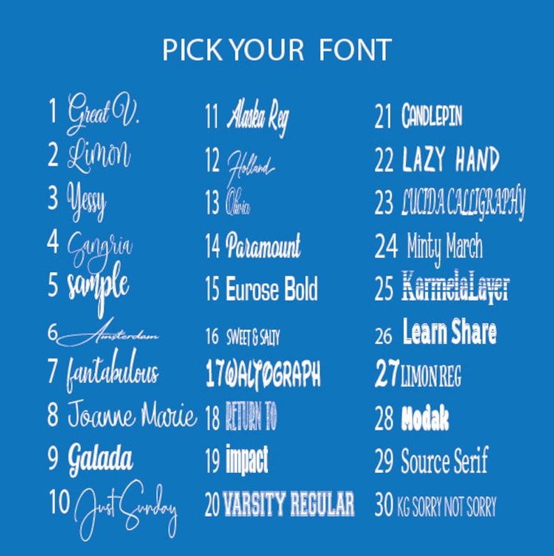 May include: A blue background with white text listing 30 different fonts. The fonts are numbered 1 through 30 and each font is displayed with a sample word or phrase.