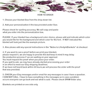 May include: How to order a personalised blanket. Choose a size, add personalisation, and select a background colour. Instructions for adding special notes and requesting a proof are included. Check Etsy messages for updates.