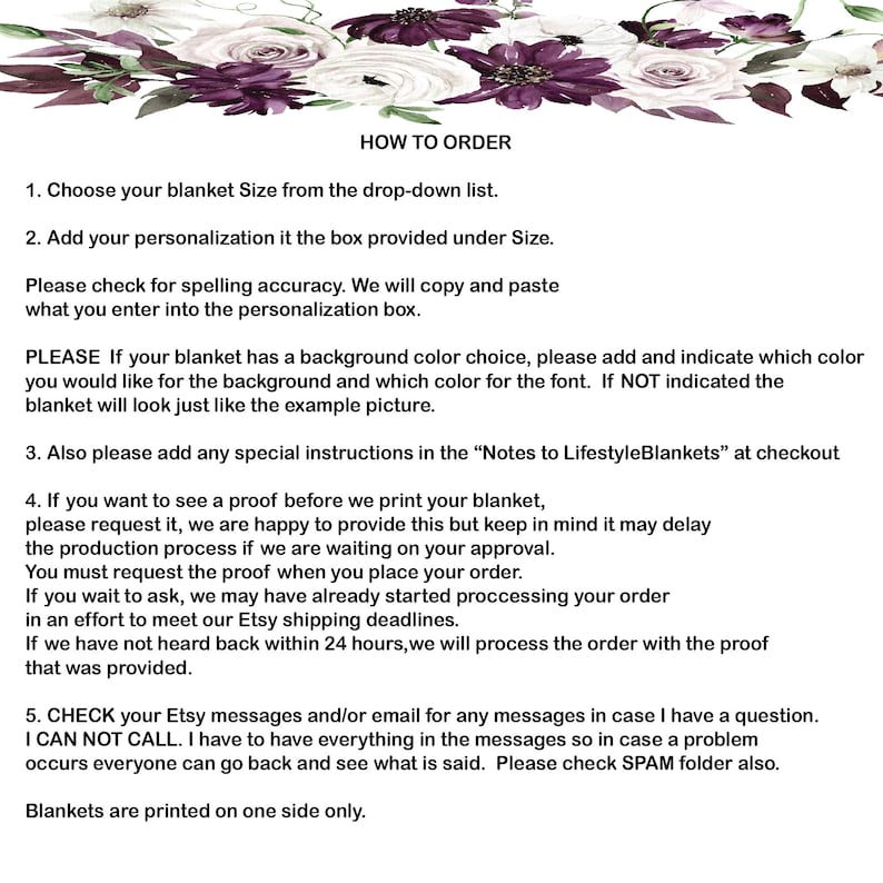 May include: How to order a personalised blanket. Choose a size, add personalisation, and select a background colour. Instructions for adding special notes and requesting a proof are included. Check Etsy messages for updates.