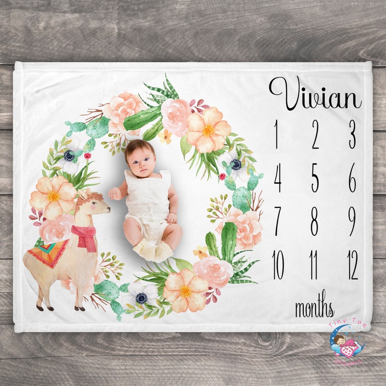 Personalized Growth Chart Cactus Baby Blanket Baby Month Blanket Alpaca Blanket llama baby blanket Newborn Milestone Blanket