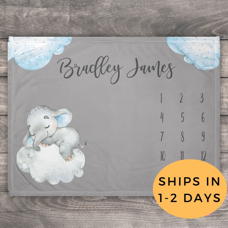 Personalized Grey Baby Blanket With Elephant Milestone Etsy