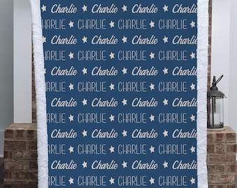 Personalized Navy Blue Name Blanket with Stars, Soft Minky Nursery Gift