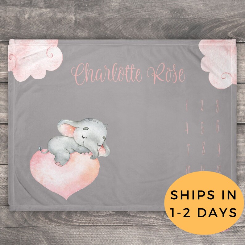 Personalized Grey Baby Blanket With Elephant Milestone Etsy