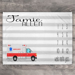 Ambulance Blanket, EMT Milestone Blanket Personalized, Paramedic blanket, EMT Gifts, EMT Room Decor, Paramedic Mom Gift, Baby Shower Gift