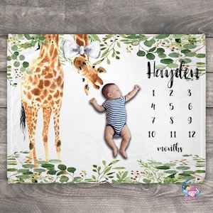 Giraffe Blanket For Baby, Safari Animal Milestone Blanket, Baby Boy Milestone Blanket, Custom Milestone Blanket Boy,Photo Blanket Customized