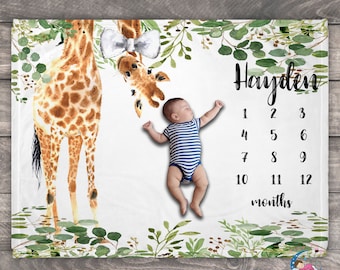 Giraffe Blanket For Baby, Safari Animal Milestone Blanket, Baby Boy Milestone Blanket, Custom Milestone Blanket Boy,Photo Blanket Customized